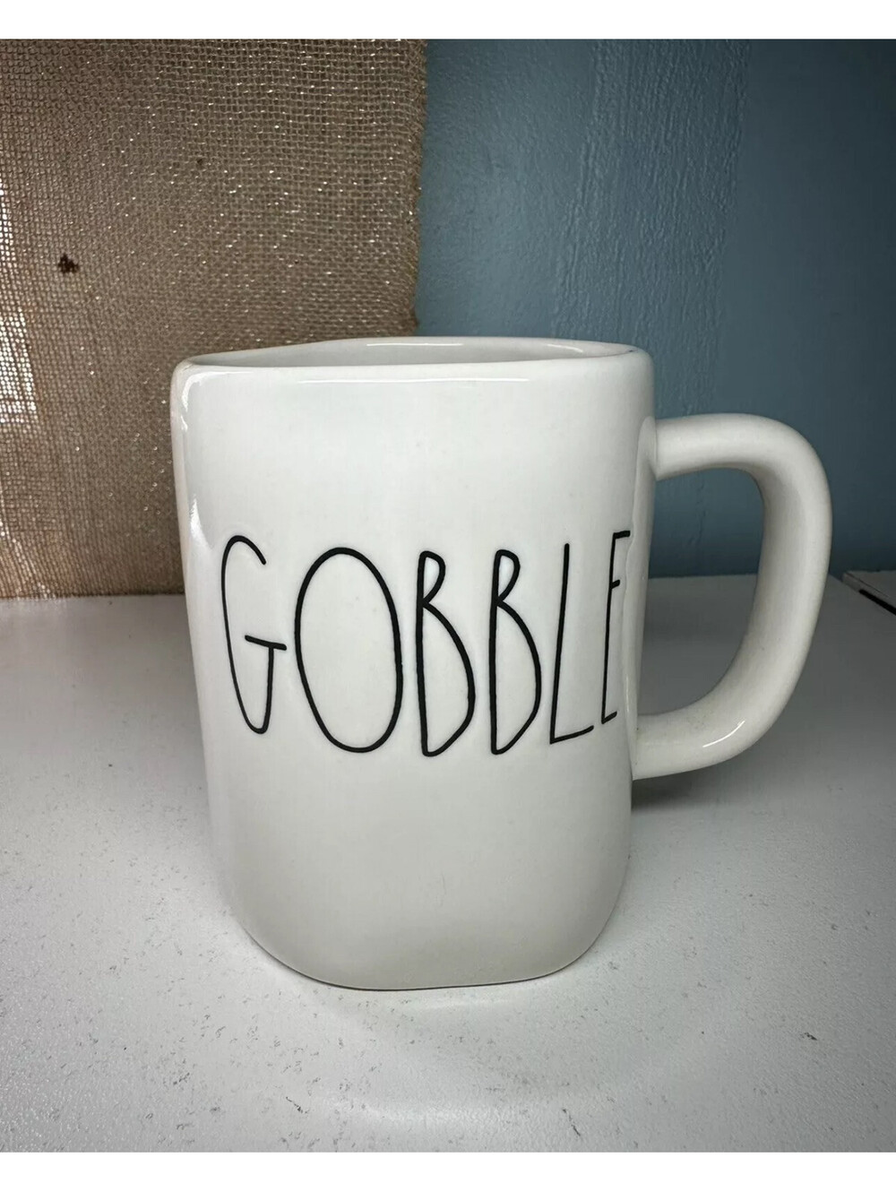 New Rae Dunn "Gobble:" Coffee Mug White Ceramic Thanksgiving White Black